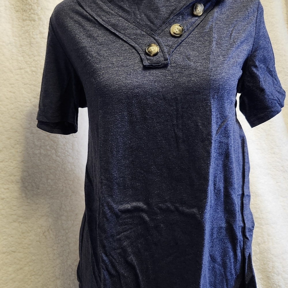 Emily Rose Slate Blue Short Sleeve V-Neck Tee with Shoulder Buttons